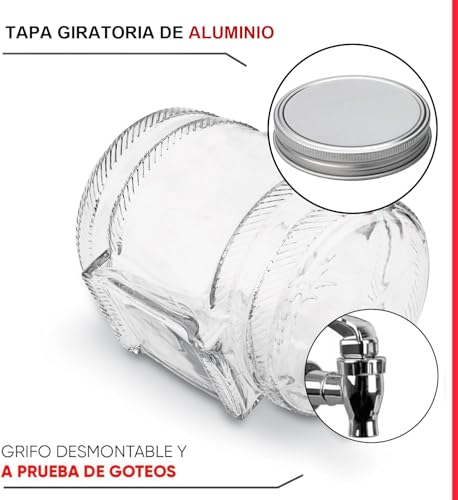 Miniatura 4 de Dispensador De Bebidas De Vidrio En Forma De Barril Con Grifo, Tarro De Cristal Con Tapa De Aluminio Y Grifo Para Agua, Whisky, Vino Y Refrescos, Ideal Para Fiestas, Bodas Y Eventos, 2.8 Litros