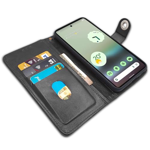 Image of Pikkme Google Pixel 6a Flip Cover Leather Finish | Inside TPU with Card Pockets | Wallet Stand and Shock Proof | Complete Protection Button Flip Case (Black)