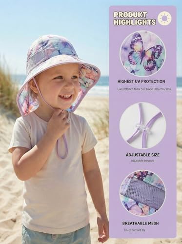 Image of icolor Kids Sun Hat UPF50+ Sun Protection Bucket Hat Toddler Summer Beach Play Hats with Neck Flap for Girl Boy Ages 3~10