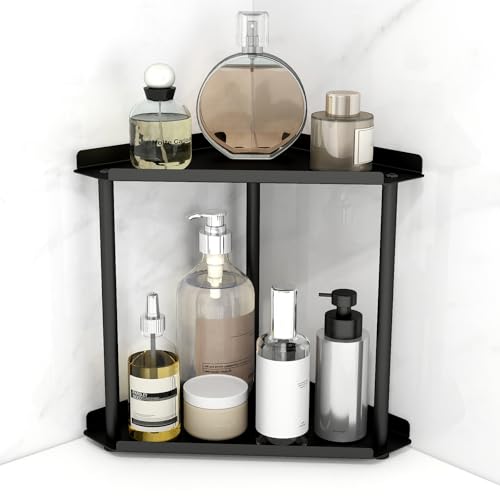 STWWO 2 Etagen Eckregal Badezimmer Standregal, Edelstahl Eckregal Stehend Klein Küchenregal Arbeitsplatte Aufbewahrung Gewürzregal Schminkorganizer Schwarz, 27x15x27 cm