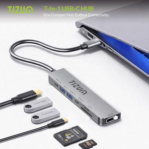 Image of Tizum 7-in-1 USB C HUB with 4K HDMI, 100W PD Charging, USB C & USB 3.0 5Gbps, USB 2.0, SD /TF Card Reader, Type C Multiport Adapter for MacBook Laptop, Tablet, Type C Dock Plug & Play, Aluminium Shell