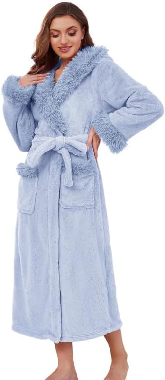 LYCY Womens Hooded Plush Long Robe, Soft Warm Fleece Bathrobe for Women Fluffy Cute Spa Robe