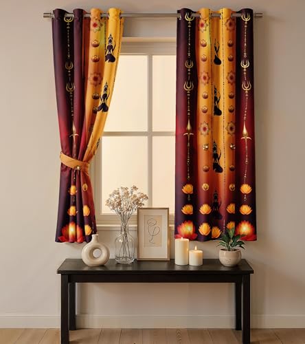 Image of Ultimate Trends Festival Themed Light Filtering Polyester Curtain Diya, Lantern, Lotus & Fireworks Print | Ideal for Diwali, Pooja Room, Living Room Dcor | Eyelets|, 9 FEET (Pack of 1)