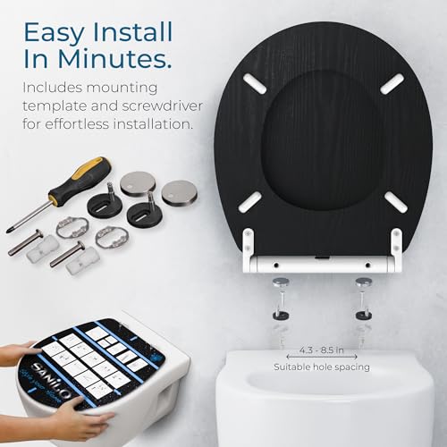 Image of Sanilo Wooden Toilet Seat with Quick Release & Soft Close [ROUND] - Decorative & Slow Close Molded Wood Seat - With One Click for Easy Installation & Cleaning - With Adjustable Fit (Black Wood)