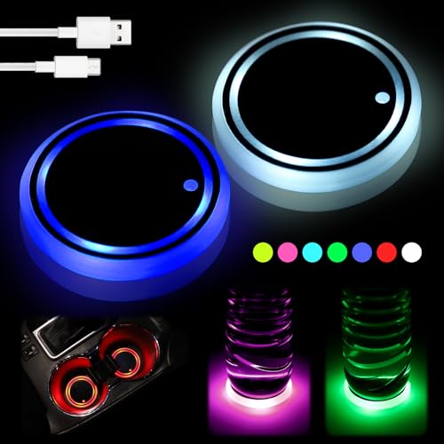 JIZZU LED Auto Untersetzer, 2 Stück LED Becherhalter Lichter, Intelligenter Licht Untersetzer, Universelle LED Getränkehalterleuchten, 7 Farben Luminescent, USB Getränkehalter Licht