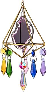HDCRYSTALGIFTS Crystal Hanging Pendant Handmade Gold Plated with Natural Agate Slices Suncatcher,Window Hanging Suncatcher Crystal Rainbow Maker