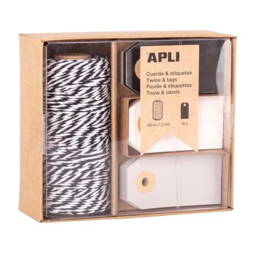 APLI 19844 - Gift Box: cuerda negra y blanca con etiquetas de 3 colores surtidos, Set bobina algodón con 30 etiquetas regalo colgantes