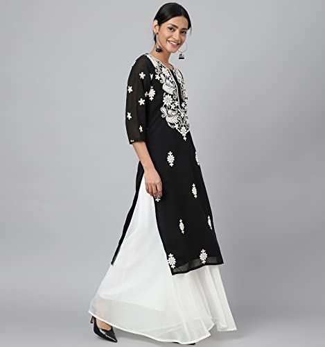 Image of RATAN Georgette Straight Lucknowi Chikankari Ethinic Wear Kurta for Women