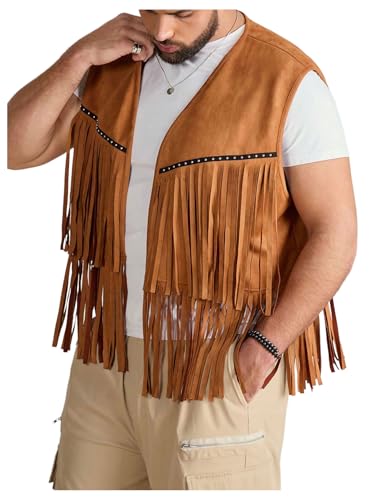 Men's Big and Tall Fringe Hem Sleeveless Vest Jacket 70s Hippie Faux Suede Western Cowboy Vest Waistcoat