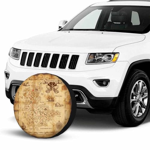 Image of Treasure Map Spare Tire Cover Pirate Emblem Sailboat Compass on a Ruined Old Parchment Wheel Covers for RV Tires Camper Tire Case Protectors for Trailer Rv SUV Truck Travel Trailer 15 in