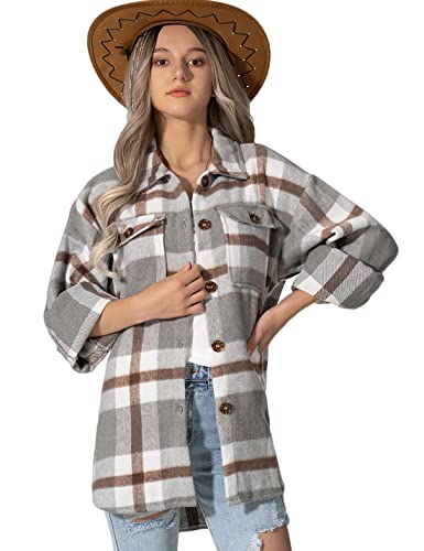 Lviefent Womens Casual Wool Blend Plaid Flannel Shackets Jacket Button Down Shirt Coat (ZZ-Grey, Medium)