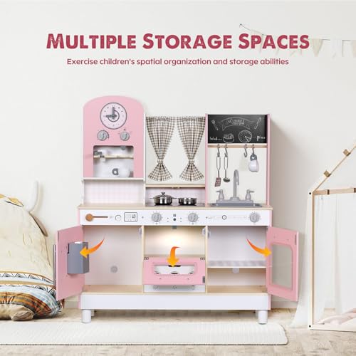 EDUBEBO Kids Kitchen playset, Wooden Play Kitchen, Height Adjustable, Comes with Various Kitchen Accessories, Ideal Role Play Toy Gift for Toddlers and Kids Ages 3-8 (Pink) - Thumbnail 7