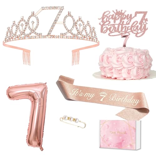 Decoración de cumpleaños para niñas de 7 años, corona de 7. cumpleaños y fajín, velas de tarta de feliz cumpleaños, globo de aluminio de 7, regalos para niñas de 7 años