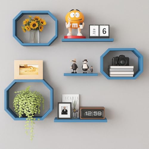 Image of Wall Mounted Floating Shelves Set of 6, Multipurpose Display, Book, Storage & Decor Shelves, Octagon Shape Wooden Wall Shelf for Living Room, Bedroom, Kitchen (Blue)