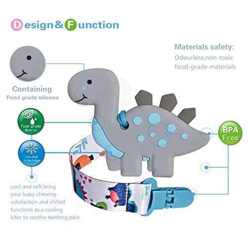 Bigspinach 1 Soft Grey Dinosaur Teether For Babies And 1 Baby Pacifier Clip, Valentines Day Gifts For Baby Boy,Baby Boy Teething Toy,Silicone Chew Toys For Baby #TOP5