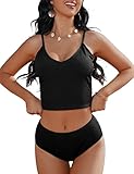 HiMiss Women's Athletic Tankini Sports Crop Top Ribbed Two Piece Swimsuit Shorts, Black, Large
