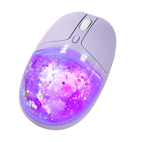 Wireless Bluetooth Mouse -Cute Clear Aqua Design Glitter Liquid Sand Water Mouse with Optical Precision Silent Clicks LED Breathing Light Transparent Retro Style for Home Office (Purple)