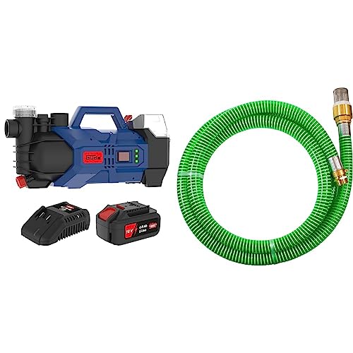 Güde GP 18-401-30 Akku Gartenpumpe, 72 W, 18 V, Blau & 94440 Sauggarnitur KA 4P (Spiral-Ansaugschlauch mit Messing-Fußventil und Edelstahl-Saugkorb, 4 m), Grün