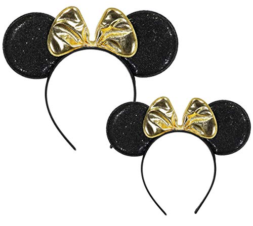 Disney Little Minnie Mouse Headband Set of 2 for Mommy, Matching Ears adult Size and one for Girls ages 2-7, Gold