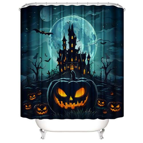 AZHM 4 Pcs Halloween Pumpkin Shower Curtain Set with Rugs for Bathroom | Bathroom Decor Set with Waterproof Curtain, Bath Mat Toilet Lid Cover U-Shape Rug 12 Hooks 71*71 in for Toilet Washroom