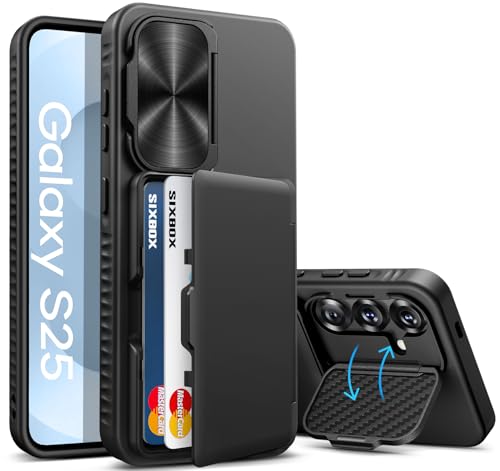 SIXBOX for Samsung Galaxy S25 Case Wallet, Built-in Stand & Card Holder & Camera Cover, Full Body Protective Rugged Multifunctional Wallet Kickstand Phone Cover Case for Samsung S25 6.2' 2025, Black