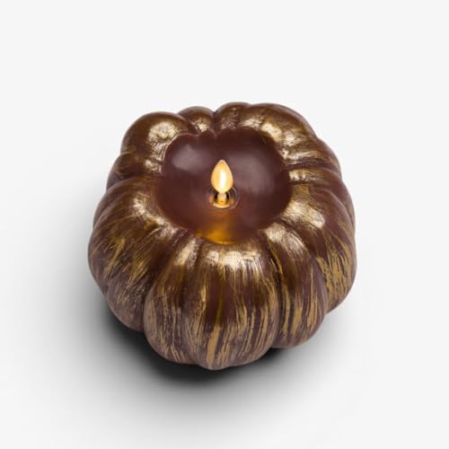 Image of Luminara EXC COL Pumpkin Figural Flameless Flickering Moving Flame LED Candle, Metallic Cappuccino Finish Real Unscented Wax, Time Function (5.25 inch x 4.5 inch)