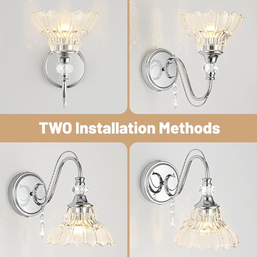 Image of 1 Piece Brushed Chrome Finish Wall Sconce, 1-Light Modern Wall Sconce with Hanging Crystal Accents and Flower-Shaped Clear Shades for Bathroom Bedroom Living Room,Modern Vanity Light
