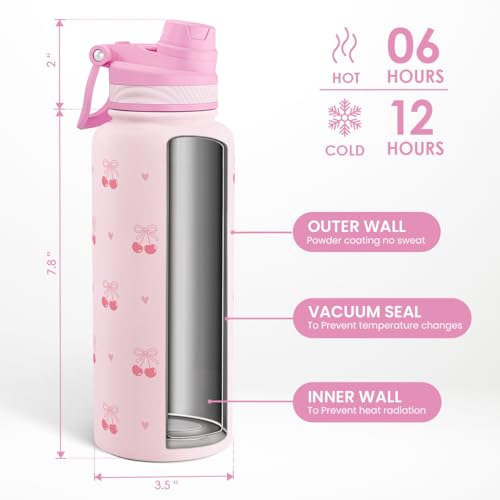 SANDJEST Cherry Stainless Steel Water Bottle with Strap 32oz, Insulated Bottles with Straw and Spout Lid for Gym Sports Travel Outdoor, Gifts for Women Girls Birthday Christmas by SANDJEST - Used condition - Image 3