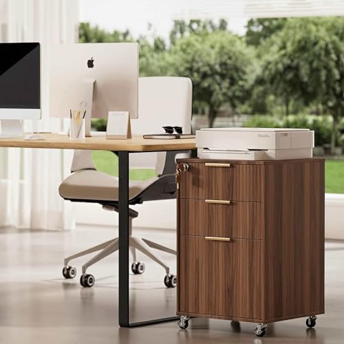 Image of 3 Drawers Fluted Mobile File Cabinet with Lock, Rolling File Cabinet Printer Stand Table, Under Desk Wooden Filing Cabinets for Home Office Essentials Storage Organization Furniture Letters /A4(Walnut)