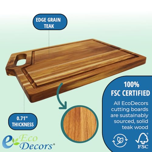 EcoDecors 14"x10" Teak Cutting Board with Juice Groove & Handle, FSC Certified Edge Grain Wood, Chopping, Carving & Serving Board for Kitchen by EcoDecors - Image 4