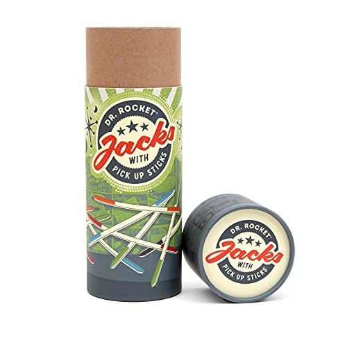 Jacks Game and Wooden Pick Up Sticks Combo Pack. 12 Metal Gold and Silver Jax. 2 Sizes of red high Bounce Balls. 40 Pick Up Sticks. Fun Retro Kids Games and Family Games by Dr. Rocket