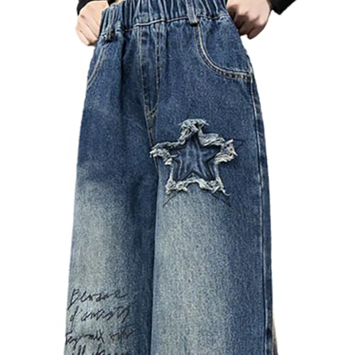 Tween Girls Baggy Jeans Letter Printed and Star Embroidered, Wide Leg Elastic Waist Denim Pants with Back Pockets2