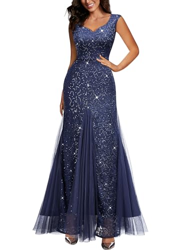Image of Miusol Women's Elegant V Neck Sleeveless Sequin Lace Evening Party Dress