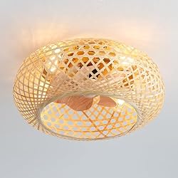 Ventilador Techo Bambu 50 CM Ventilador De Techo Con Luz Y Mando A Distancia, Tejido De Bambú Cortijo Jaula Lámpara Ventilador Techo, Instalación Empotrada 6 Velocidades Reversible Ventiladores De Techo Con Lámpara-F