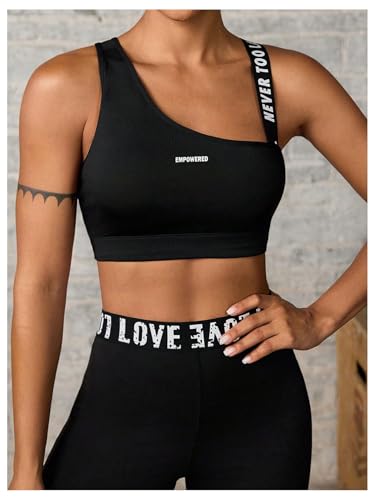 OYOANGLE Women's Letter Print Sports Bra Asymmetrical Neck Cut Out Medium Support Workout Yoga Bras3