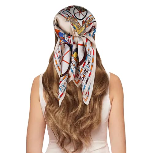 EXTREE 100% Pure Mulberry Silk Scarf Fashion Hair for Women Scarf Lightweight Square Neckerchief 27.5× 27.5 inches Carriage Beige