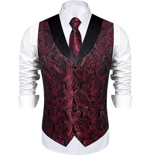 Image of DiBanGu Mens Paisley Suit Vest Silk Jacquard Waistcoat and Necktie Set Formal Shawl Collar Dress Vest 7PCS for Wedding Party
