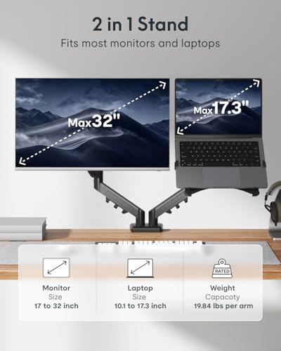Image of FlexiSpot Laptop Mount, Dual Monitor Arm with Laptop Tray, Fits Up to 32 Inch Monitor and 17.3 Inch Notebook, Full Adjustable Gas Spring Holds up to 19.84lbs per Arm for Office & Home, Black