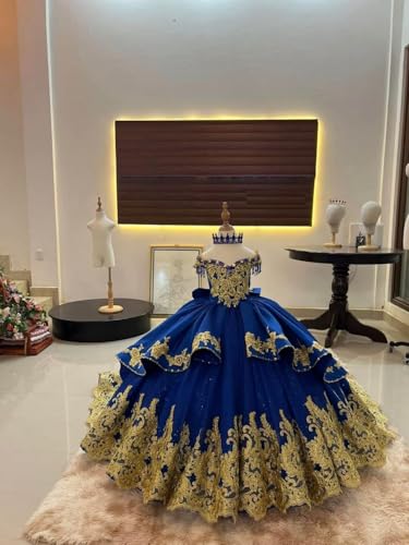 Romantic Off Shoulder Flower Girl Wedding Enhanced by Gold Lace Applique Beading Communion Dress for Girls2