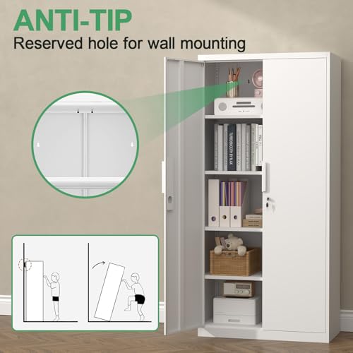 Image of Metal File Cabinet, Office Organizer with Doors and Shelves, 72.05 inch H White Storage Cabinet for Home Office, School, Heavy Duty Locker for File Supplies