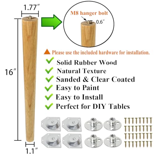 Sopicoz Table Legs 16 inch Wood Furniture Legs for Coffee Table End Table Mid-Century Modern DIY Furniture Tapered Natural Threaded M8 Hanger Bolts Pack of 4