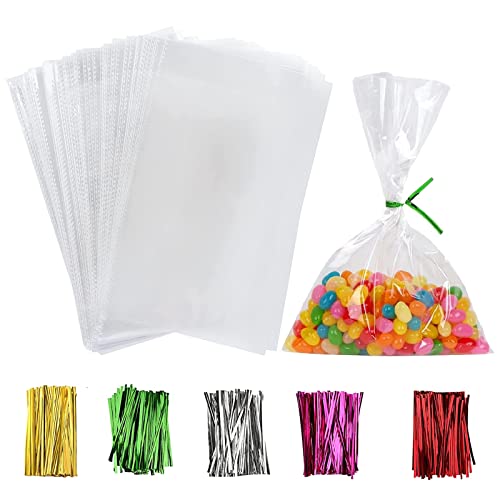 TKTTBD Clear Cellophane Bags 100pcs Gift Bag Clear Flat Treat Bags with Ties for Home Favours Wrapping Sweets Cupcakes 12.5 x 23cm