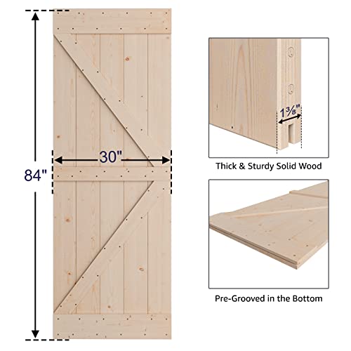 Image of SmartStandard 30in x 84in Sliding Barn Wood Door Pre-Drilled Ready to Assemble, DIY Unfinished Solid Nature Wood Panelled Slab, Interior Single Door, Natural, Frameless K-Shape (Fit 5FT Rail)