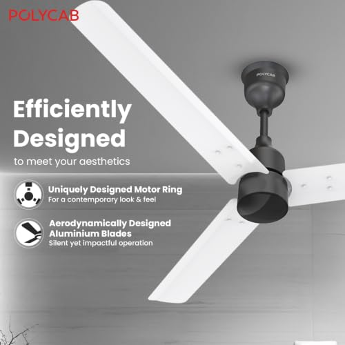 Image of Polycab Wizzy Plus 1200mm 5-Star BLDC, Remote Ceiling fan for Living Room| 55% Energy Saving, High Air Delivery | 3+1 yr Warranty【Matt White Black】