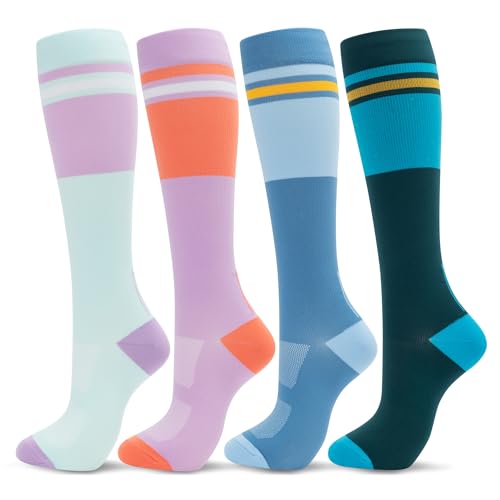 fenglaoda Compression Socks Women Men 4 Pairs, Knee High Support Socks for Running, Sports, Travel, Flight, Nurse