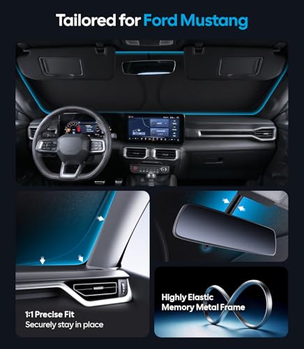 Image of Wigoo for Ford Mustang Windshield Sunshade [OEM Design, 100% Sun Blockage] Foldable Heat Insulation Sun Shade with Storage Bag, for Ford Mustang (2015-2026), Silver Coating
