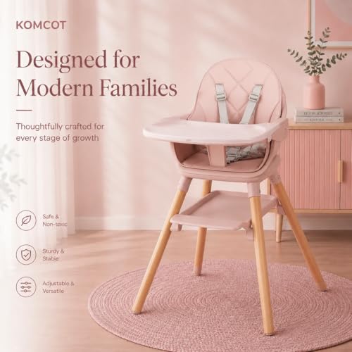 Image of Baby Girl High Chair, 6 in 1 Wooden Convertible High Chairs for Babies and Toddlers, Booster Seat with Double Tray & Reversible Footrest Baby Highchair, 5-Point Harness Baby Feeding Chair, Pink