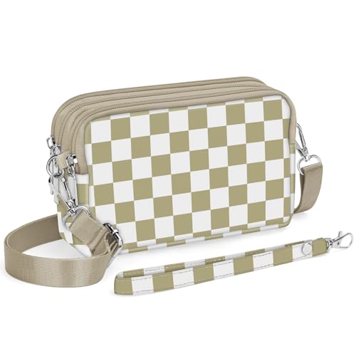 YINHEXI Small Crossbody Bags for Women, 3 Zippers Small Nylon Crossbody Purse for Travel, Cell Phone Wallet Bag for Women (Checkered Beige-03)