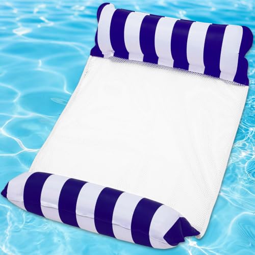Inflatable Pool Float Hammock for Adults 4-in-1 Floating Water Lounger with Headrest & Footrest Portable Mesh Floatie for Pool Beach Lake Navy & White Striped Water Hammock Chair