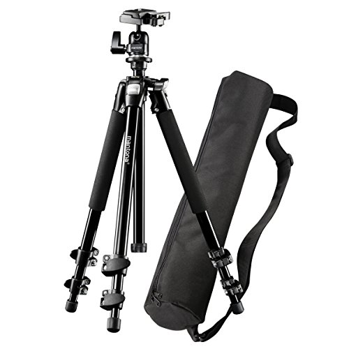 Mantona Basic Scout Set Fotostativ, Kamerastativ bis 144cm, + Tragetasche, Kugelkopf, Wasserwaage, umkehrbare Mittelsäule, für Reisen und Outdoor Fotografie für DSLR Kamera, kompakt leichtes Stativ